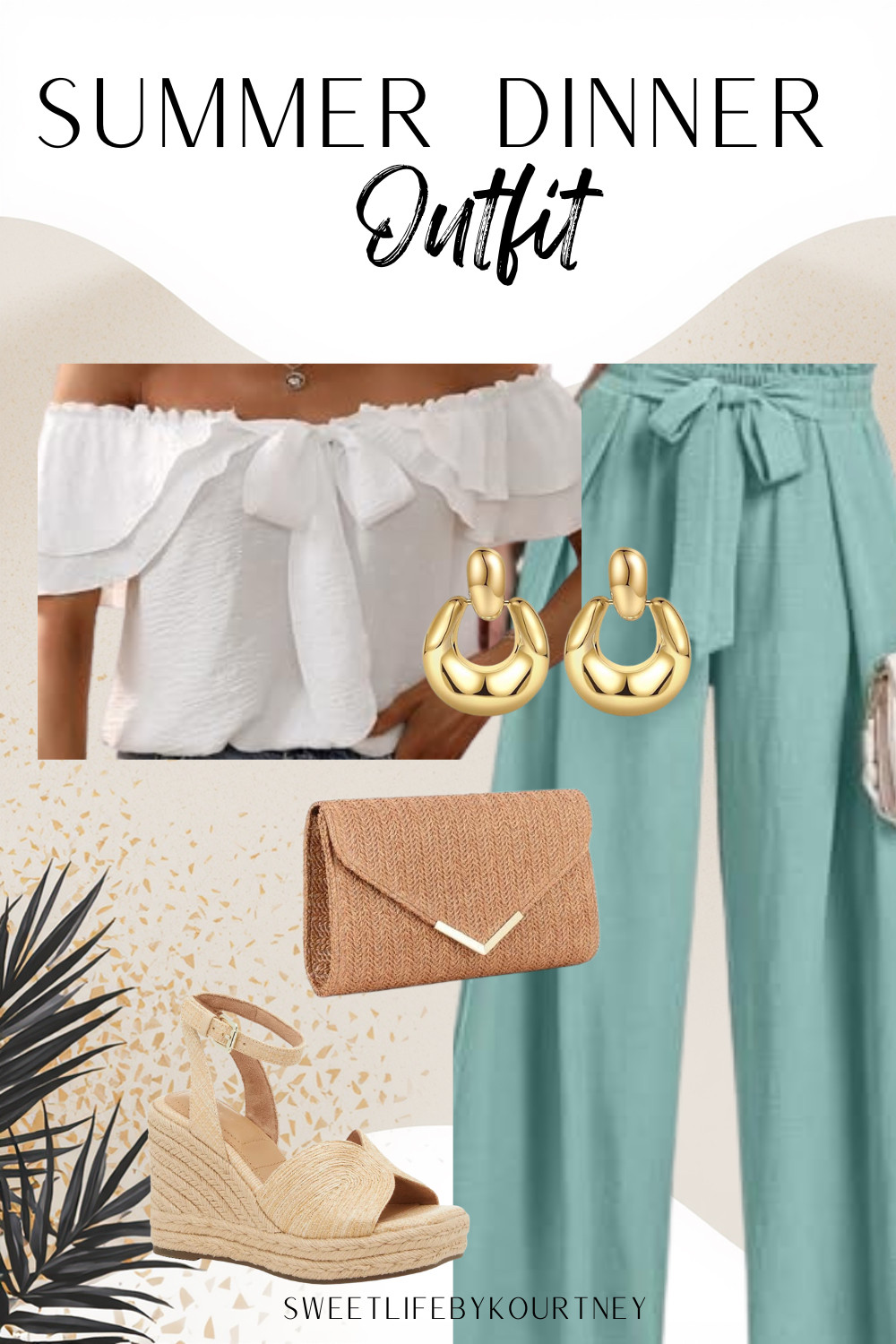 Add this summer dinner outfit to your Amazon cart for an easy vacation-ready look that feels dressed up without trying too hard. The off-shoulder top, flowy pants, woven clutch, gold earrings, and espadrille wedges make it perfect for dinner, resort nights, cruises, or beach town plans.
#SweetLifeByKourtney #SummerDinnerOutfit #AmazonFashion #VacationStyle 

 #LTKgrwm #LTKootd #LTKSeasonal