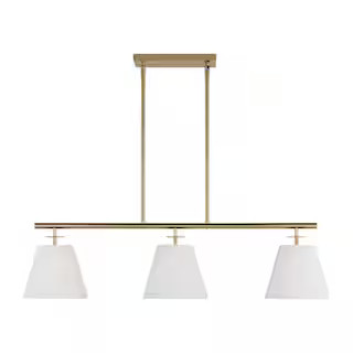 Crestgrove 3-Light Satin Brass Linear Chandelier with White Linen Shades | The Home Depot