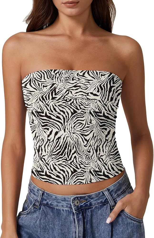 QINSEN Women's Tube Tops Strapless Bandeau Tops Double Lined Slim Fit Summer Going Out Tank Tops | Amazon (US)