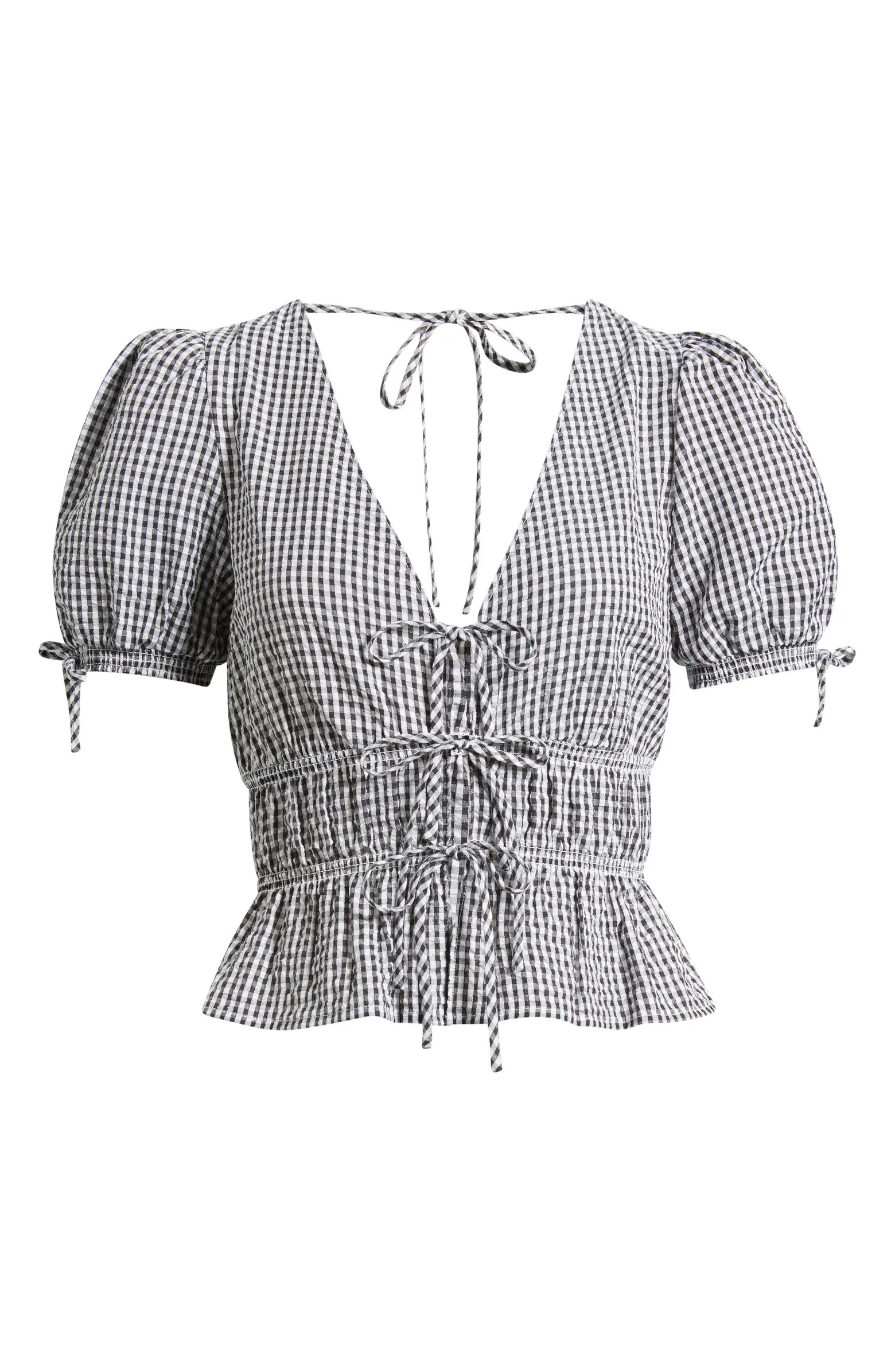 x Styled by COCO! Nina Gingham Seersucker Tie Front Top | Nordstrom