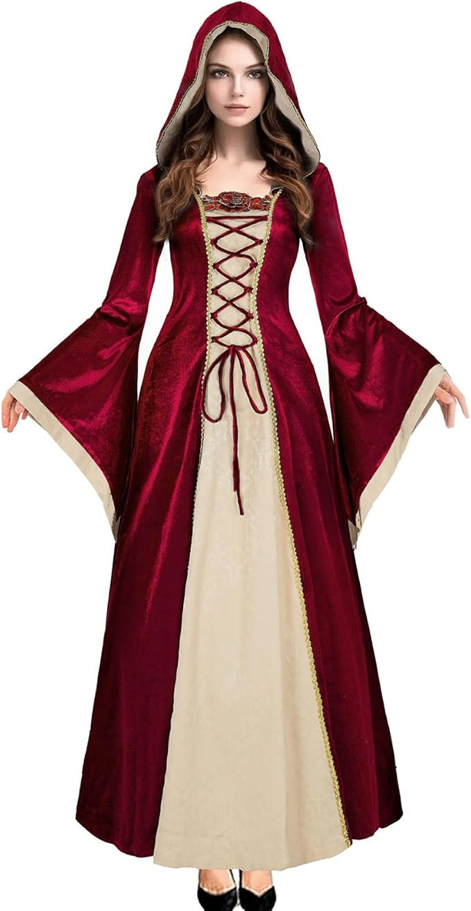 Oiefeen Women's Medieval Renaissance Clothing Hooded Velvet Queen Dress Long Dress Halloween Cost... | Amazon (US)