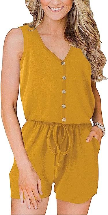 ANRABESS Women’s Summer Casual Sleeveless V Neck Front Button Loose Jumpsuits Rompers with Pock... | Amazon (US)