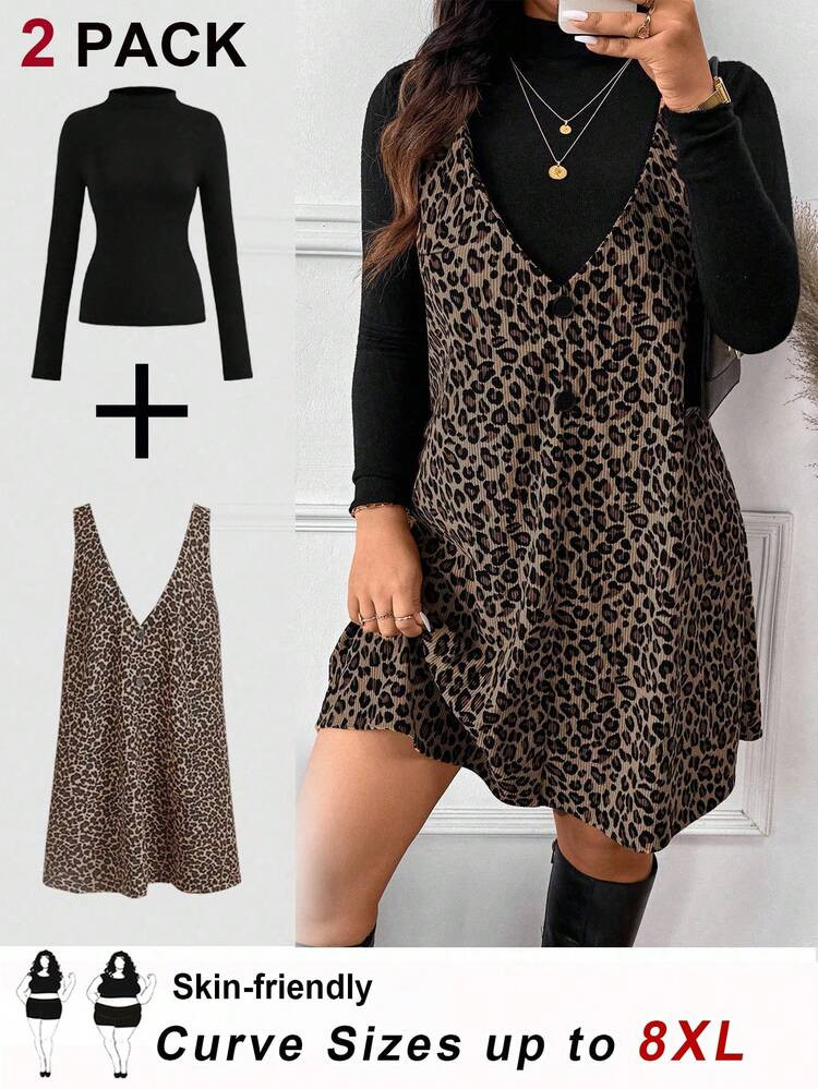 SHEIN CURVE+ 2pcs/Set Plus Size Women French Style Black Stand Collar Long Sleeve T-Shirt And Leopard Print Slip Dress, Casual Outfit, Autumn Leopard Print Dress, Animal Print Dress Set For Women, Plus Size Leopard Print Dress/Winter Leopard Dress Plus Size | SHEIN