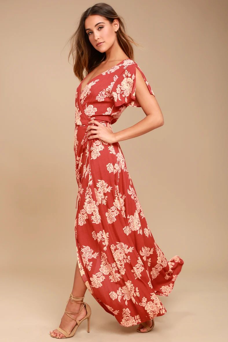 Heart of Marigold Rust Red Floral Print Wrap Maxi Dress | Lulus (US)