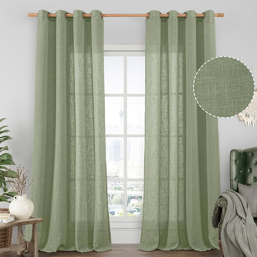 LAMIT Sage Green Linen Sheer Curtains 84 inch for Living Room, 2 Panels | Amazon (US)