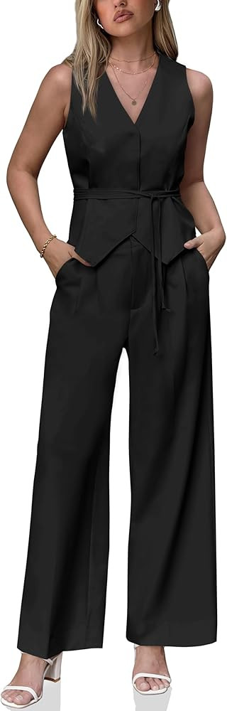 Cicy Bell Womens Business Casual 2 Piece Outfits V Neck Sleeveless Tie Waist Blazer Vest Pleated ... | Amazon (US)