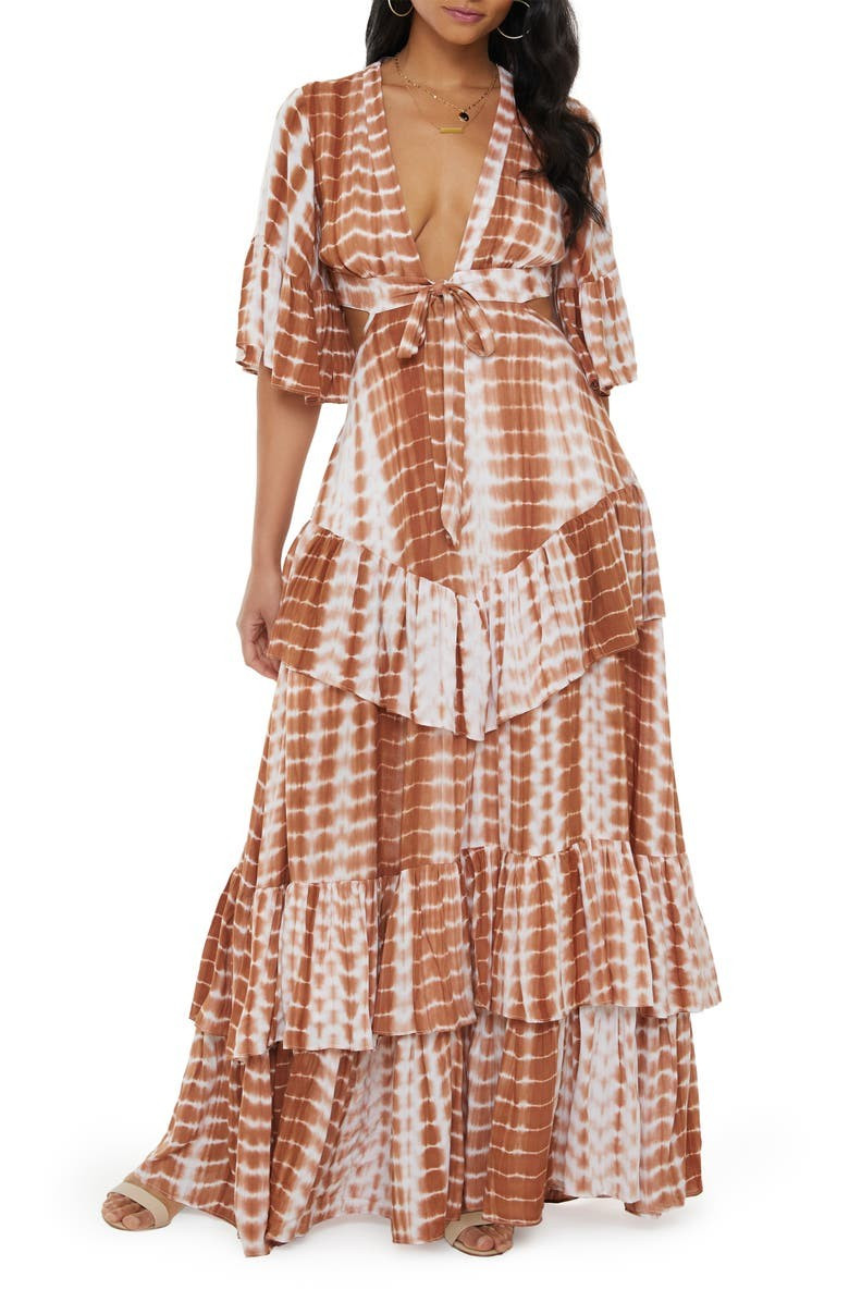 VICI x Nordstrom Tie Dye Plunge Neck Tiered Ruffle Maxi Dress | Nordstrom
