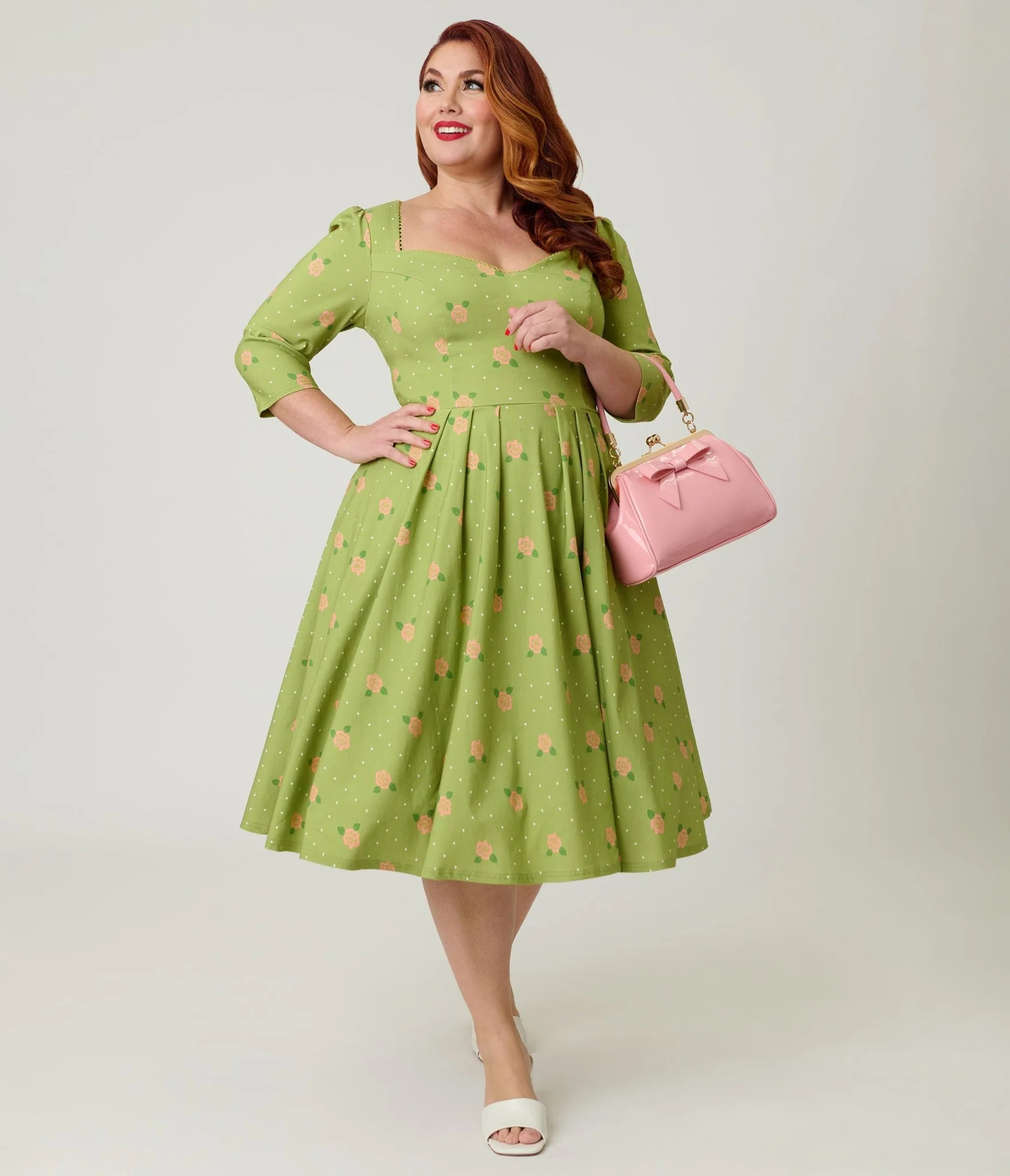 Unique Vintage Plus Size Chartreuse & Pink Rose Sweetheart Swing Dress | Unique Vintage - North America
