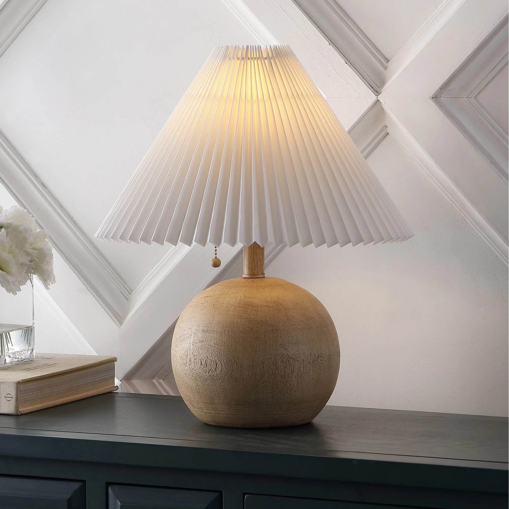 Aksel 17.25" Coastal Scandinavian Resin/Iron Sphere LED Table Lamp with Pleated Shade and Pull Ch... | Walmart (US)