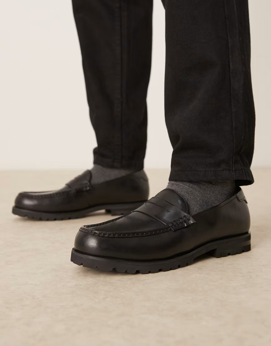 ASOS DESIGN loafers in black leather with cleated sole | ASOS (Global)