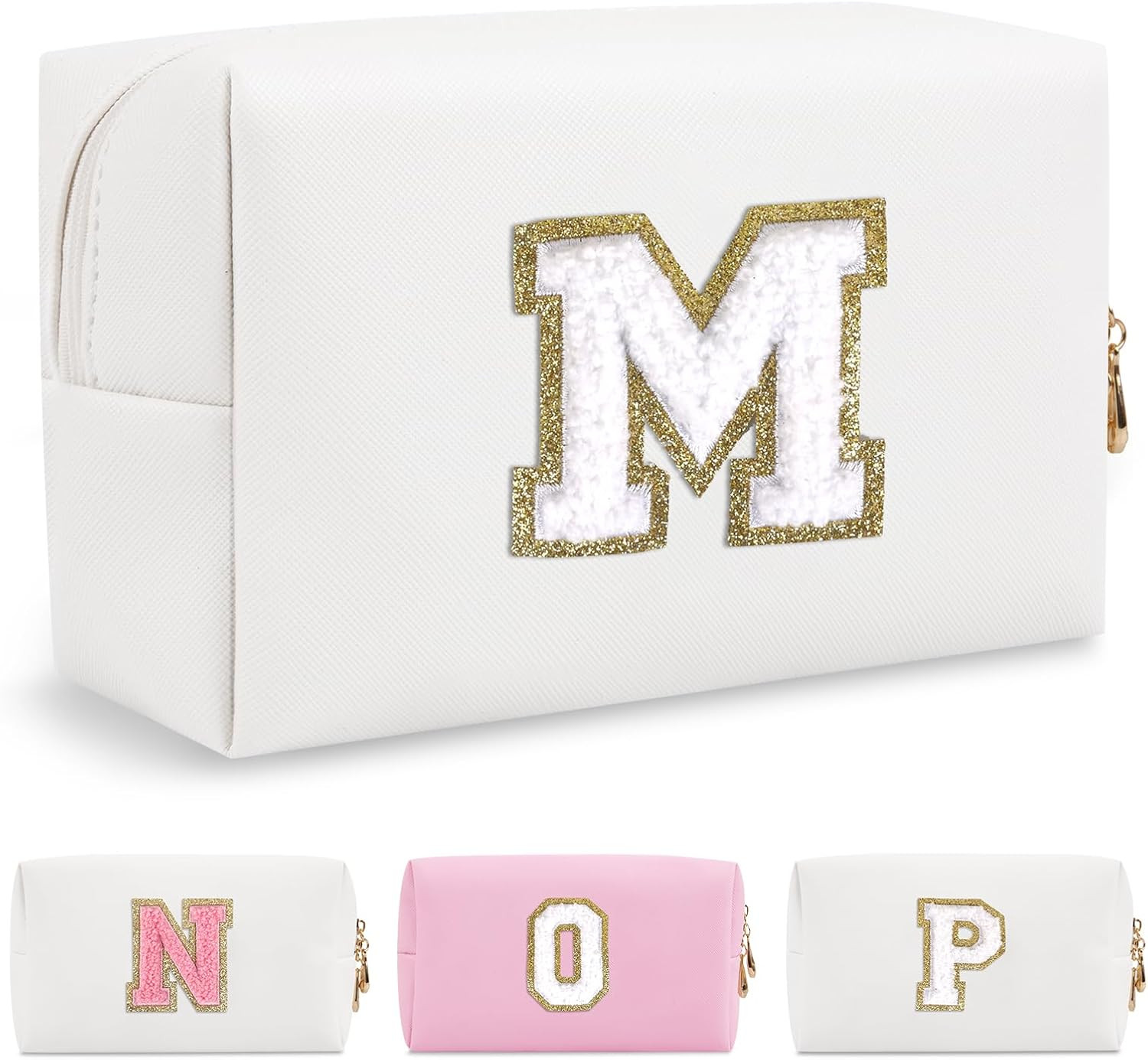 Small Personalized Initial A-Z Preppy Patch Makeup Bag,White PU Chenille Letter Travel Cosmetic Pouc | Amazon (US)