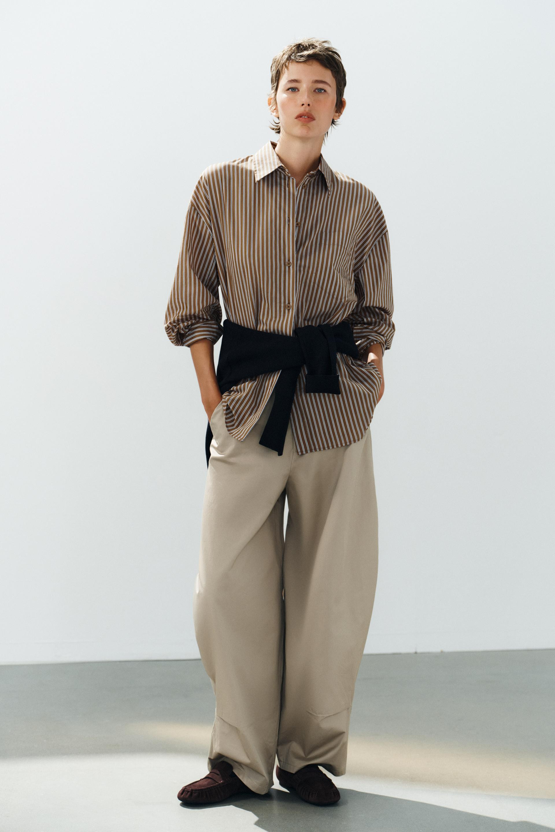Zara - Oversized Striped Pocket Shirt - Brown-Blue - Xxl - Woman | Zara US