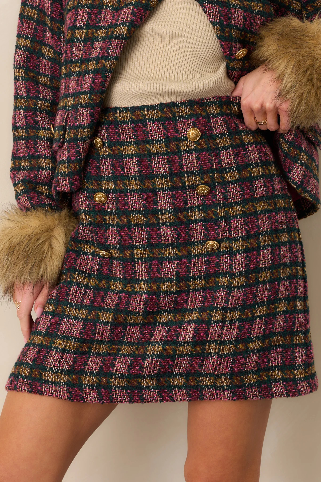 EXCLUSIVE: Prosperina Gardner Pink Multi Plaid Tweed Mini Skirt | Red Dress