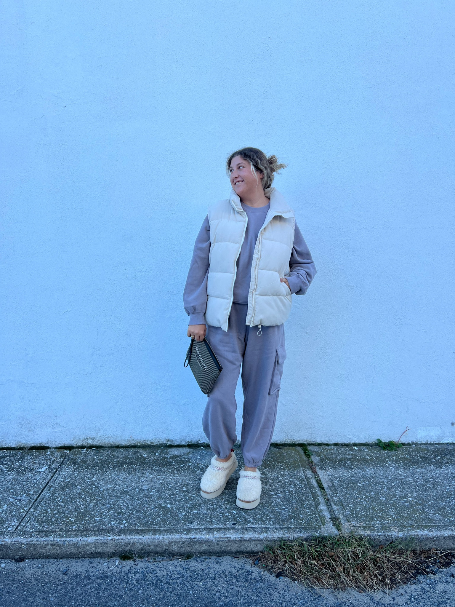 Abercrombie and fitch cargo sweatpants and pullover matching set with oversized puffer vest and ugg Sherpa tazz slippers, cold weather outfit, ugg roundup, ugg Tazz slippers, Abercrombie matching lounge set, affordable loungewear 

#LTKsalealert #LTKfindsunder100 #LTKstyletip