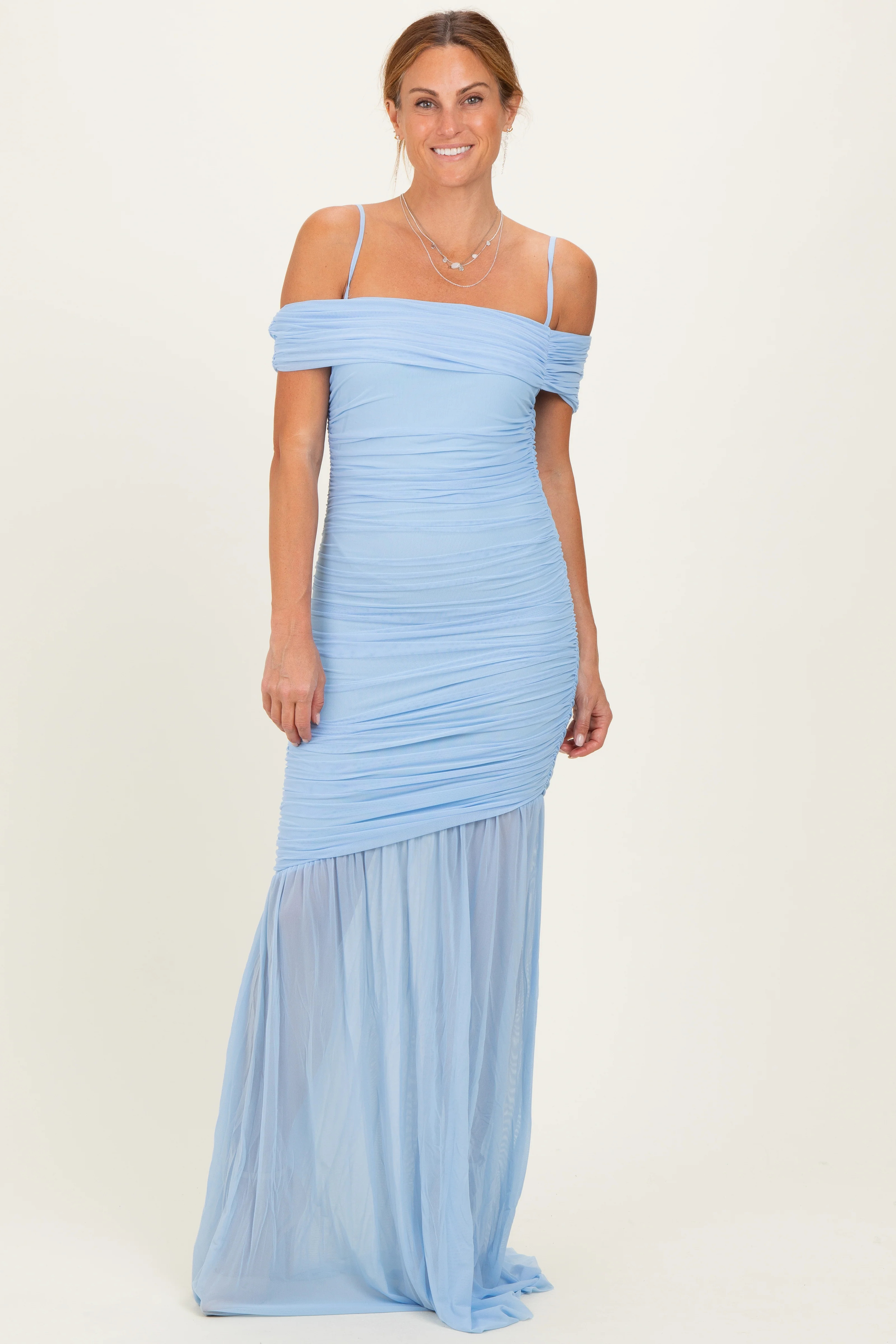 Baby Blue Ruched Mesh Off Shoulder Maxi Dress | PinkBlush Maternity