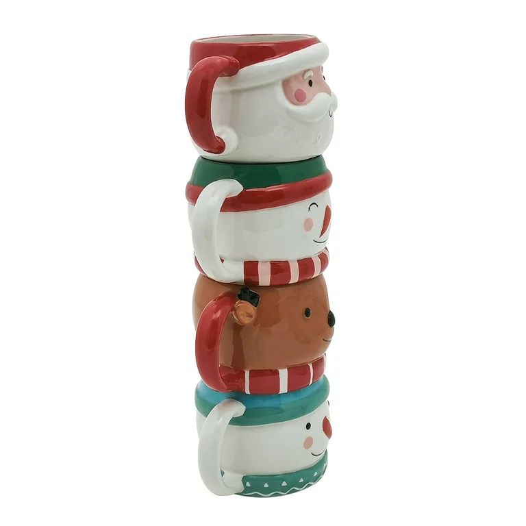 Holiday Time Santa, Snowman and  Reindeer Mix Stackable Stoneware Mug Withe Metal Rack Set | Walmart (US)