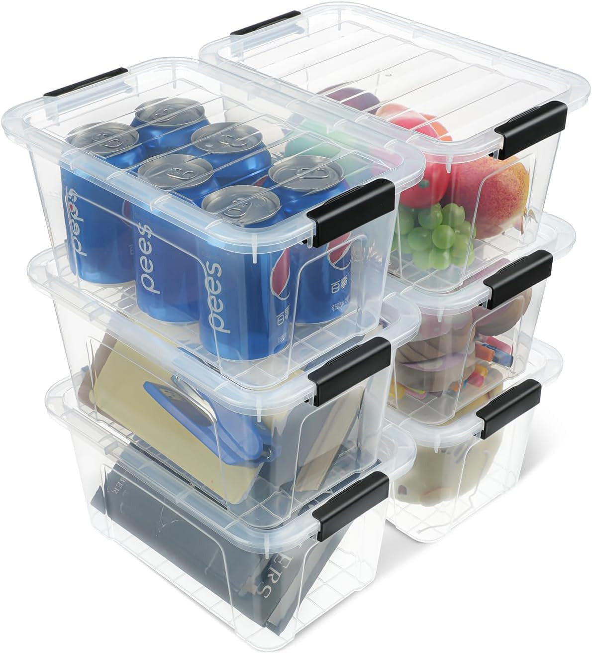 Plastic Storage Bins with Lids 6 Pack, 6.7 Quart Storage Containers With Black Buckle Latch, Stackable Storage Organizers for Home Pantry Office Classroom Organization, Clear | Amazon (US)