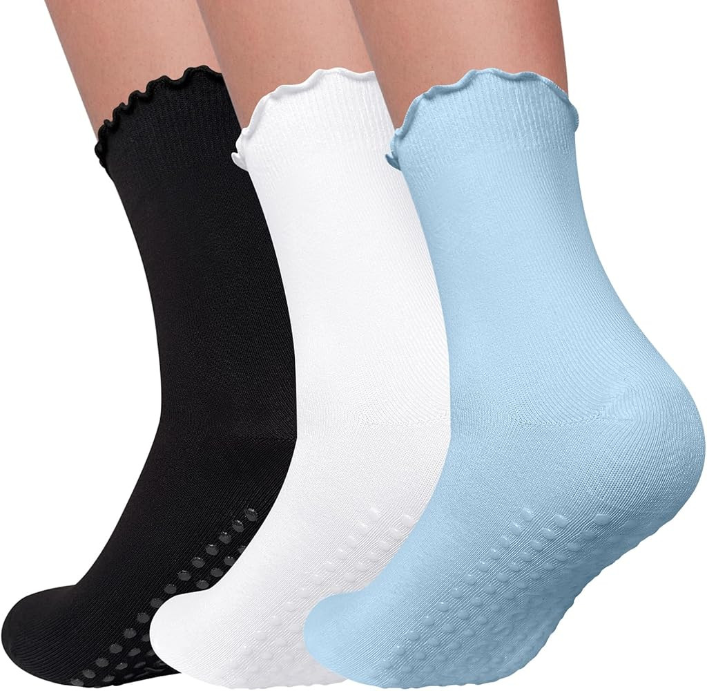 3 Pairs Pilates Socks with Grips Non Slip Ruffle Yoga Grip Socks for Women | Amazon (US)