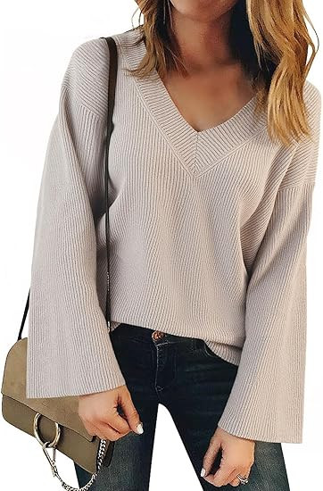 Yousify Womens V Neck Oversized Sweaters Long Sleeve Knit Pullover Trendy Casual Chunky Sweater | Amazon (US)