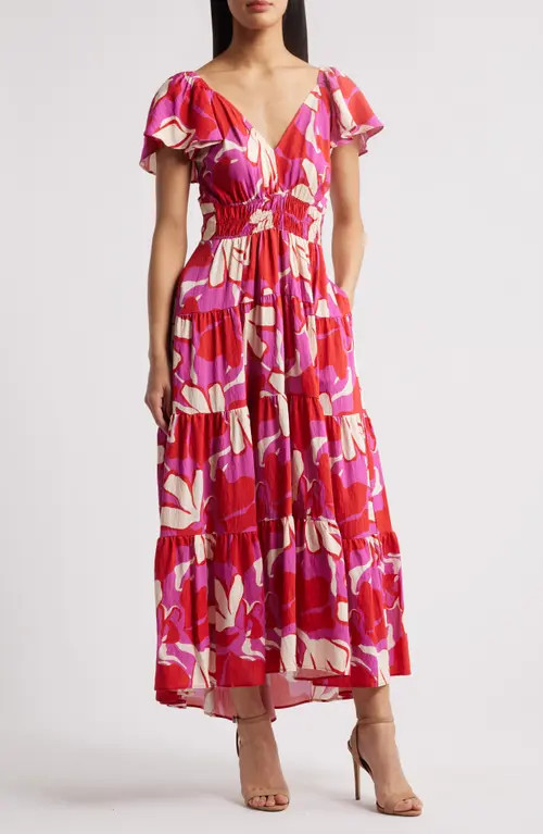 MELLODAY Printed Smocked Waist Maxi Sundress in Magenta Red at Nordstrom, Size Large | Nordstrom