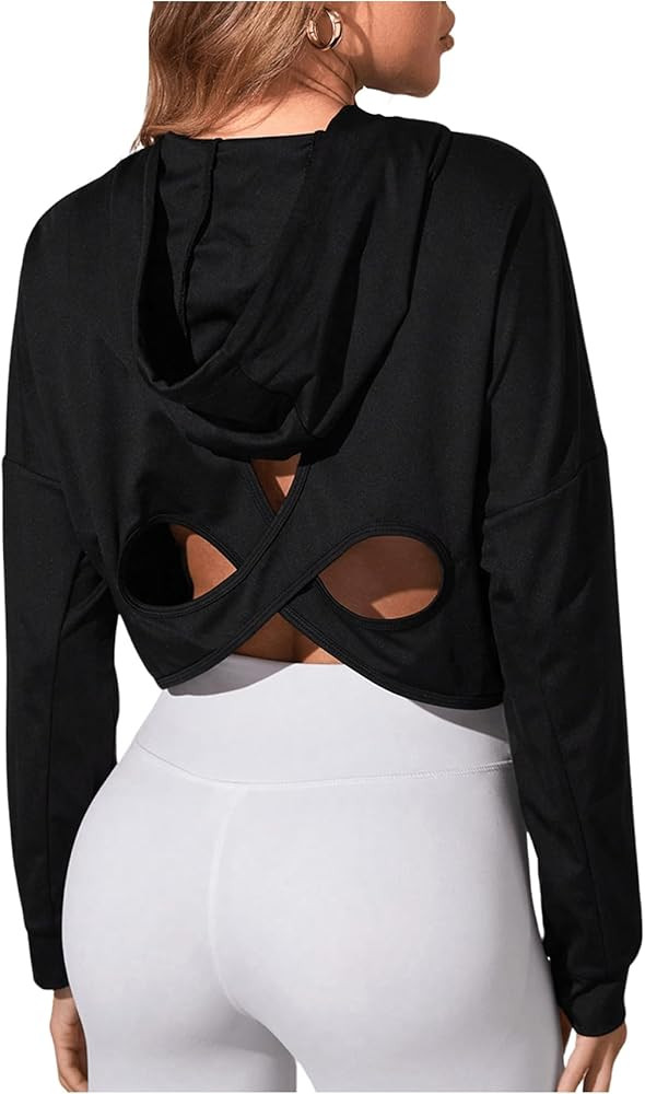 MakeMeChic Women's Cut Out Hooded Drawstring Cropped Sports Jacket Criss Cross Zip Up Long Sleeve... | Amazon (US)