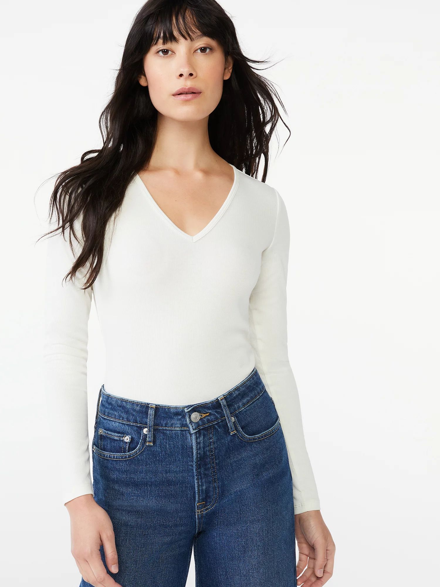 Free Assembly Women's V-Neck Bodysuit with Long Sleeves - Walmart.com | Walmart (US)