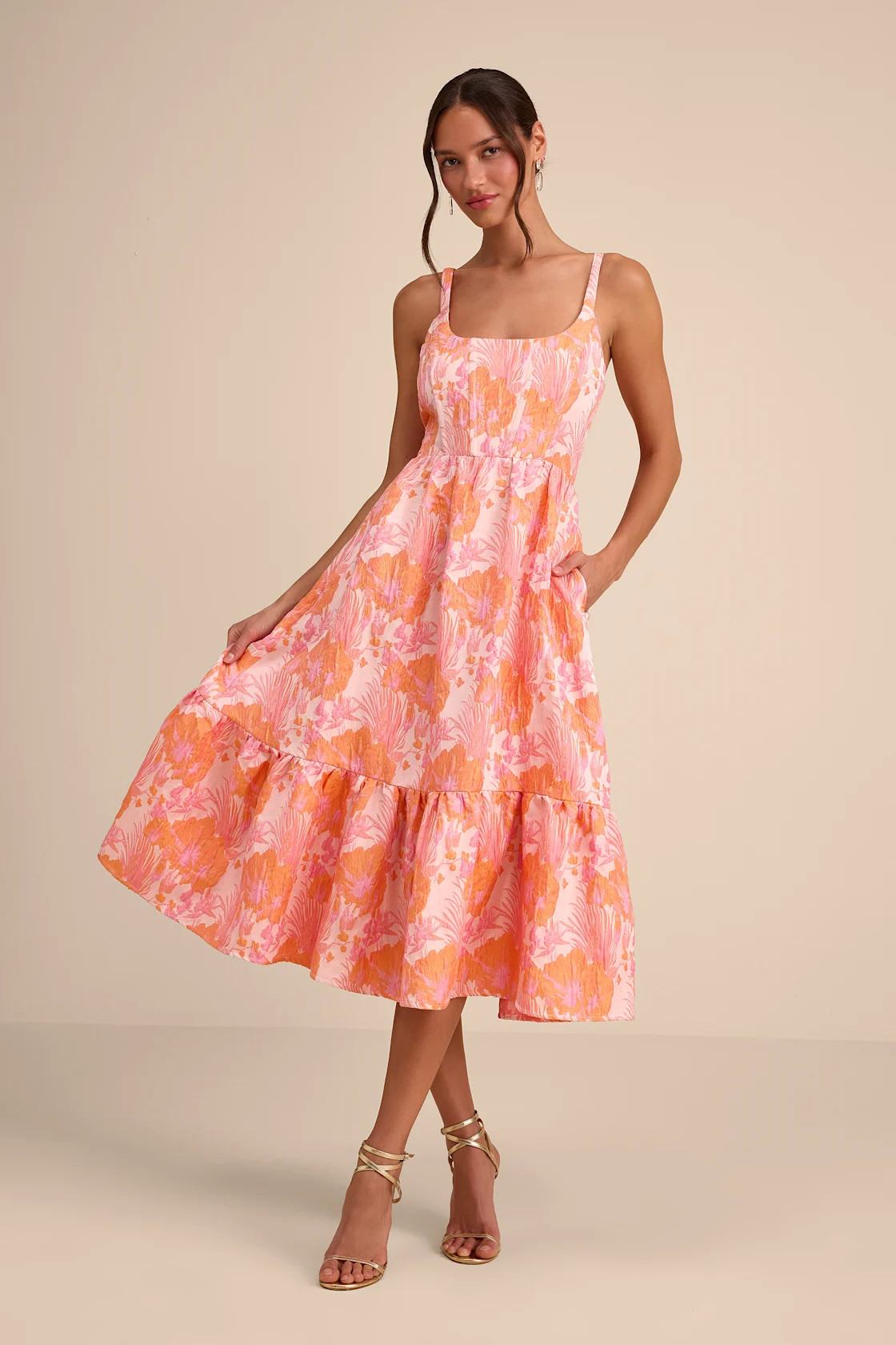 Avalie Pink Floral Jacquard Tiered Bustier Midi Dress | Lulus