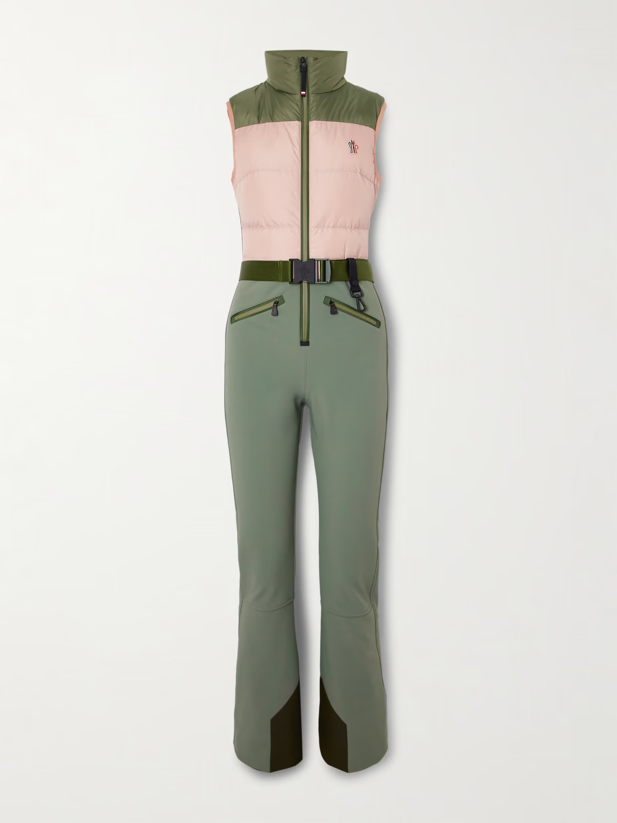 Moncler Grenoble - Belted Paneled Quilted Down Ski Suit - Green | NET-A-PORTER (US)