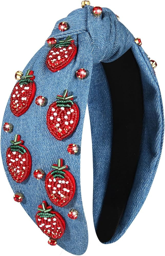 Strawberry Knotted Headband Pearl Rhinestone Jeweled Strawberry Butterfly Beaded Embellished Top ... | Amazon (US)