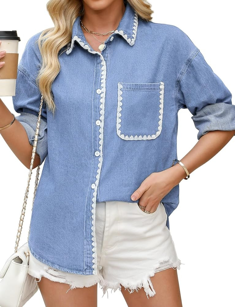 Casual Denim Shirt Women Button Down Blouses Oversized Long Sleeve Jean Shacket 2025 | Amazon (US)