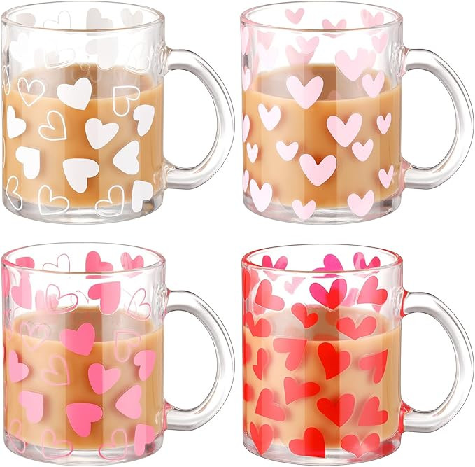 Tioncy 4 Pcs Valentine's Day Heart Coffee Mugs 12 oz Heart Glass Cups with Handle Love Heart Coff... | Amazon (US)
