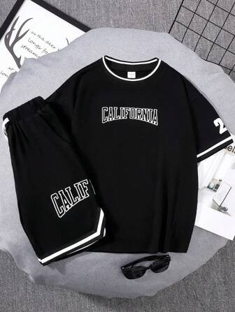 SHEIN Kids EVRYDAY Tween Boys' Loose Fit Round Neck Letter Printed Short Sleeve T-Shirt And Short... | SHEIN