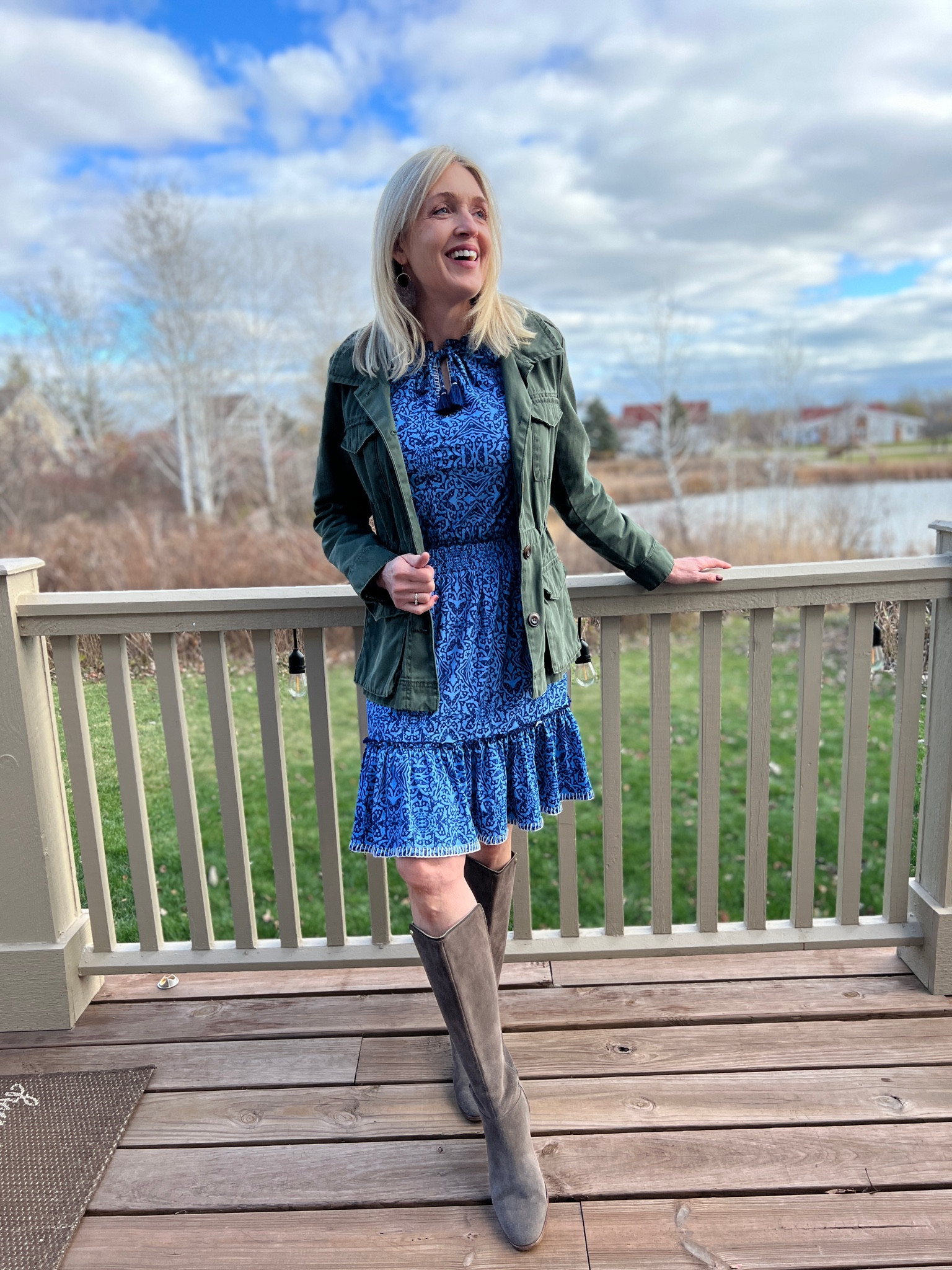 Fall dress with UPF 50. Blue printed smocked dress. Olive utility jacket. Taupe tall boots.

#LTKunder100 #LTKstyletip #LTKSeasonal