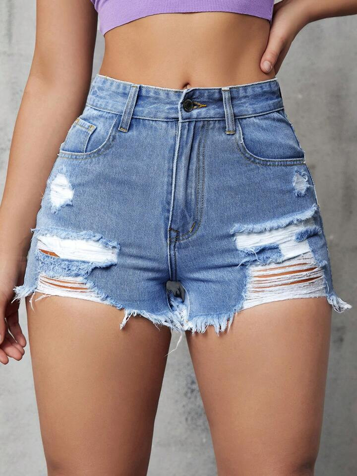 SHEIN EZwear Ripped Raw Hem Denim Shorts | SHEIN