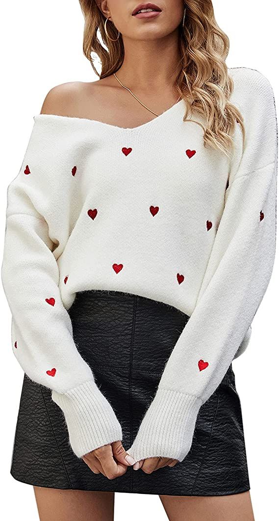 Alsol Lames V Neck Sweaters for Women, Heart Off The Shoulder Sweaters, Long Sleeve Pullover Wome... | Amazon (US)