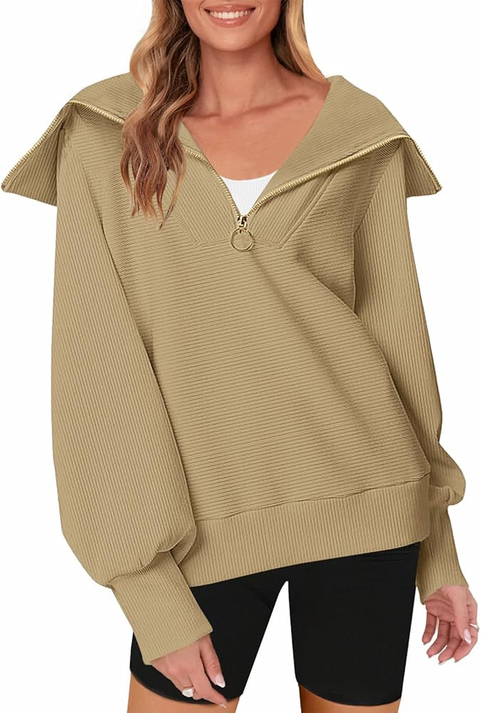 MEROKEETY Women's 2023 Long Sleeve Quarter Zip Sweatshirt V Neck Collar Ribbed Y2K Pullover Tops | Amazon (US)