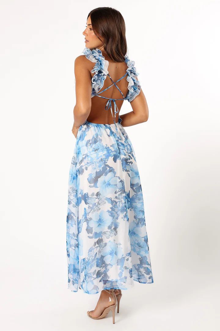 Lucah Frill Shoulder Maxi Dress - Blue White Floral | Petal & Pup (US)