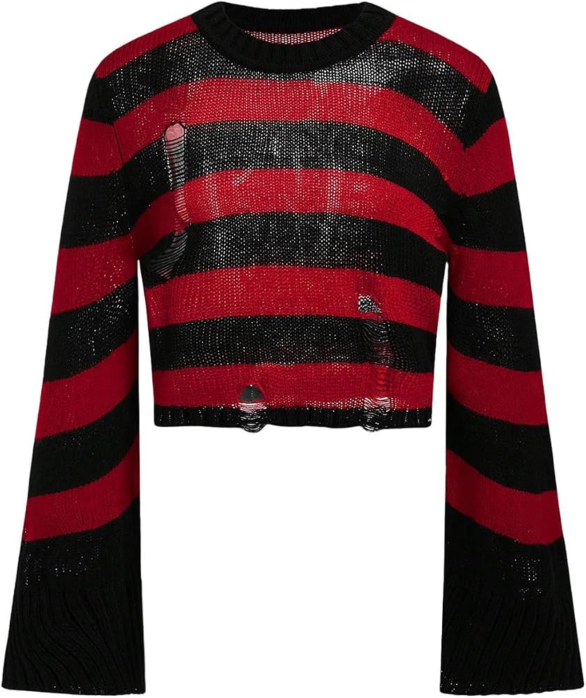 BEAUDRM Women's Striped Cropped Sweater Gothic Ripped Crew Neck Bell Long Sleeve Pullover Knit To... | Amazon (US)