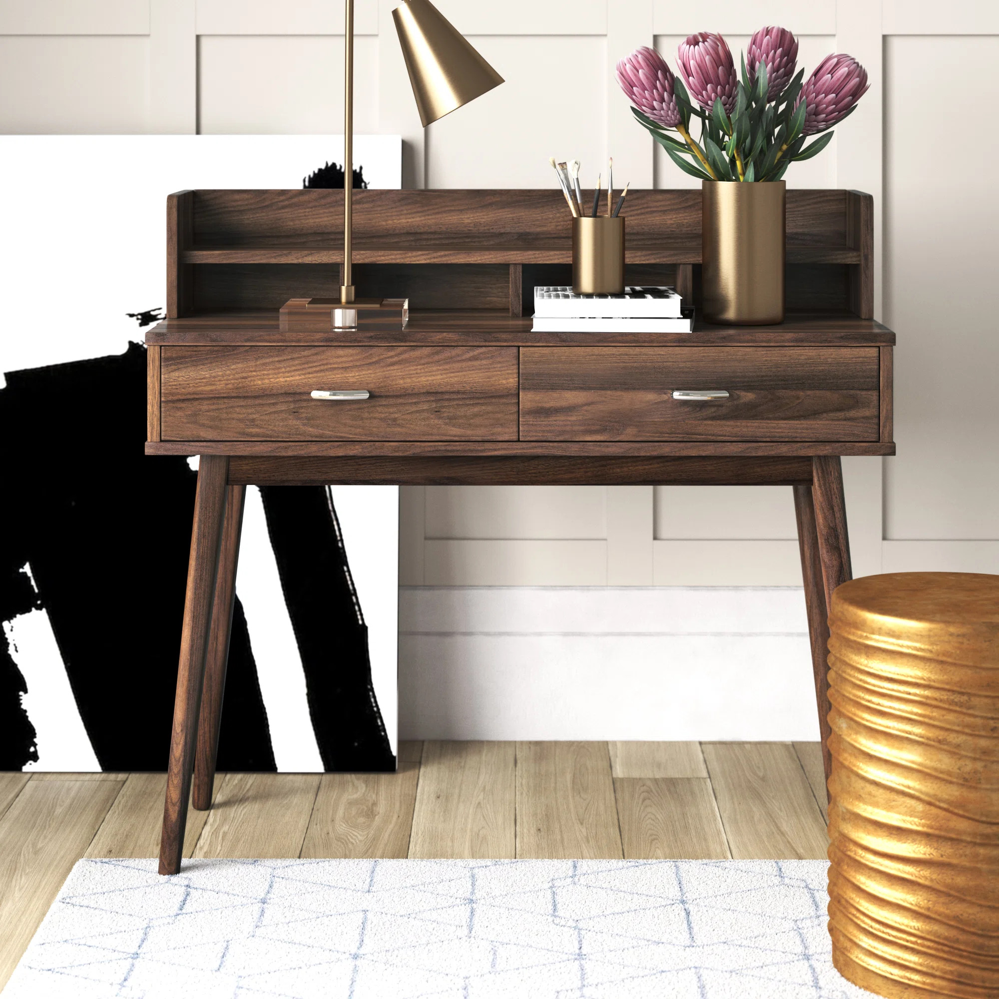 Mercury Row Avaline Mid-Century Modern Walnut Brown Finished 2-Drawer Desk | Wayfair | Wayfair North America