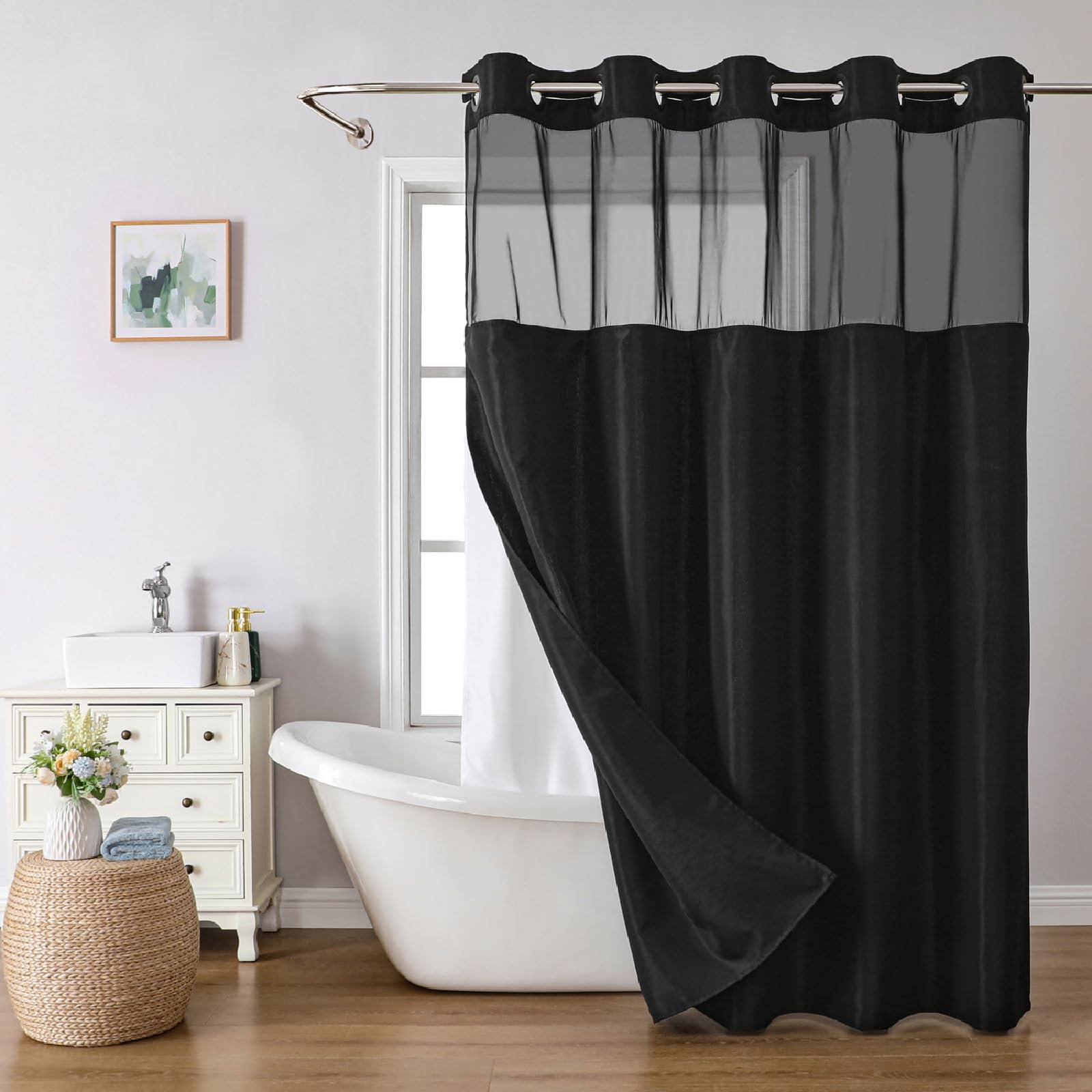 Extra Long No Hooks Needed Linen Textured Shower Curtain with Snap-in Fabric Liner Set,Black Hote... | Amazon (US)