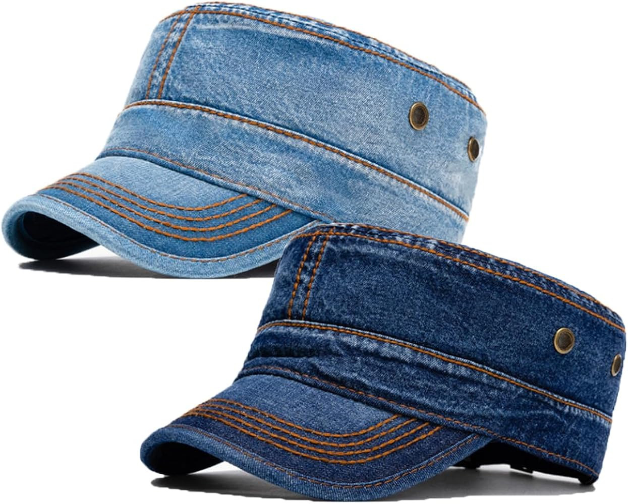 2 Pack Men's Cotton Military Caps Cadet Army Caps Vintage Flat Top Cap | Amazon (US)