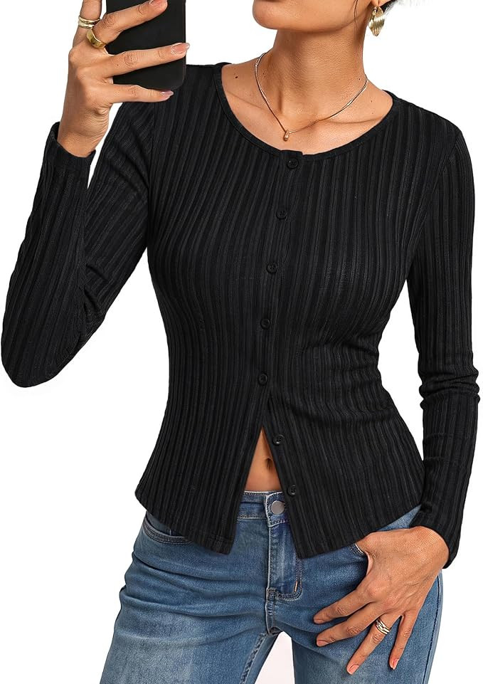 Kate Kasin Women Long Sleeve Button Up Lightweight Ribbed Cardigan Shirts | Slim Fit, Button Down... | Amazon (US)