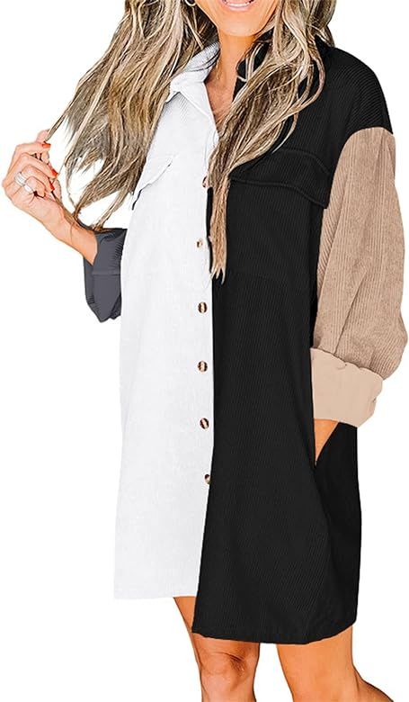 BTFBM Women Corduroy Shacket Jacket Shirts Lapel Long Sleeve Pocket Oversized 2022 Fall Fashion Butt | Amazon (US)