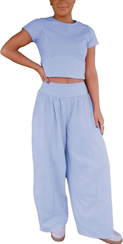 Zontroldy Women's 2 Piece Sweatsuits Sets Casual Cropped Top Sets Short Sleeve Shirts Athletic Tr... | Amazon (US)