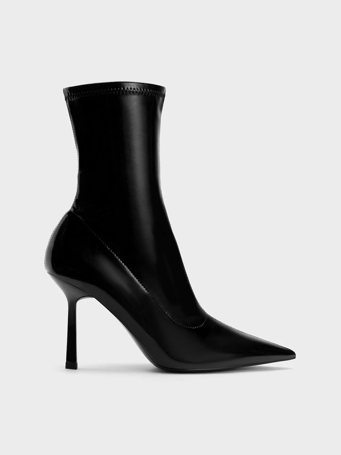 Black Patent Crinkle-Effect Pointed-Toe Stiletto Heel Ankle Boots | CHARLES & KEITH | Charles & Keith US