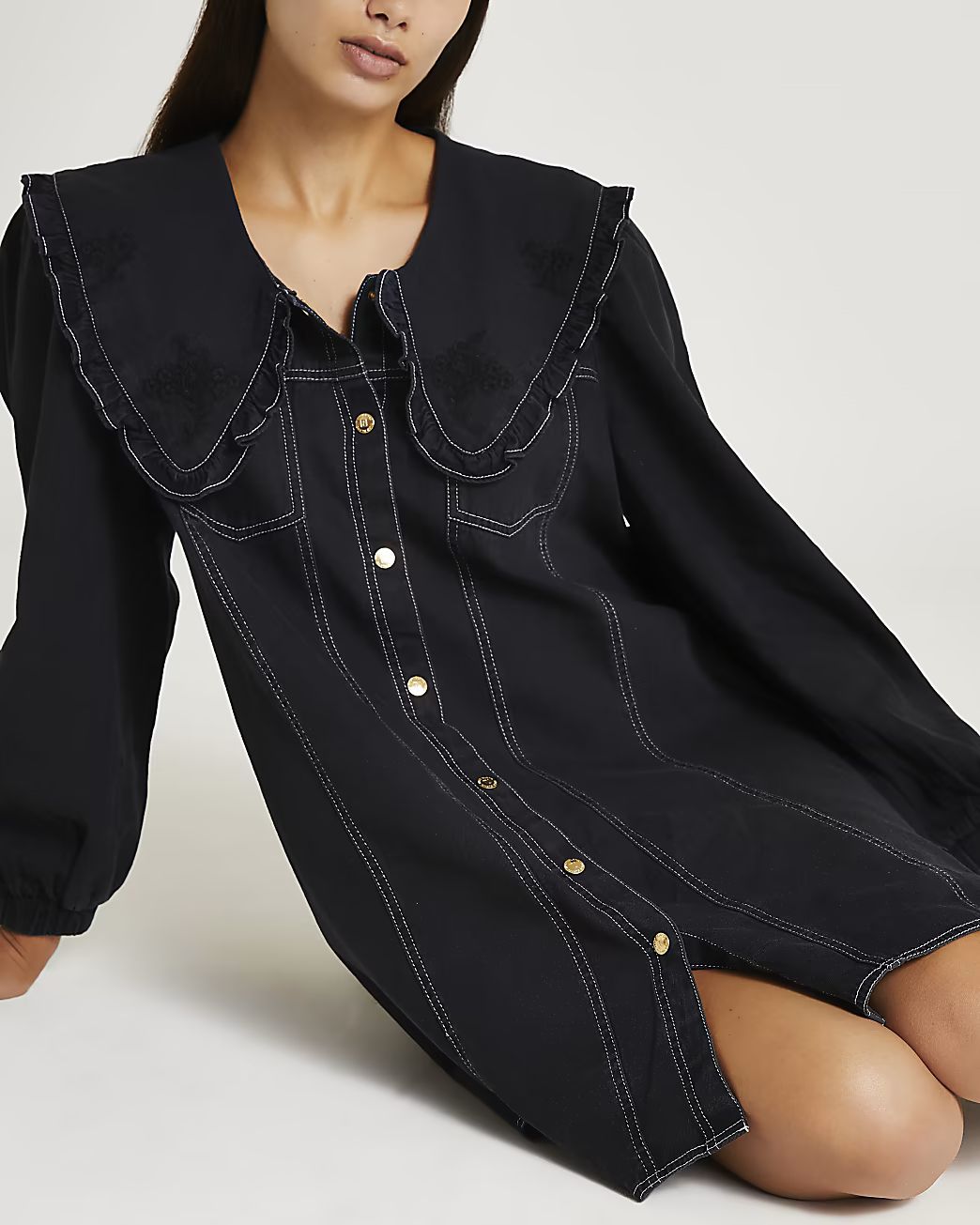Black denim oversized collar mini dress | River Island (UK & IE)