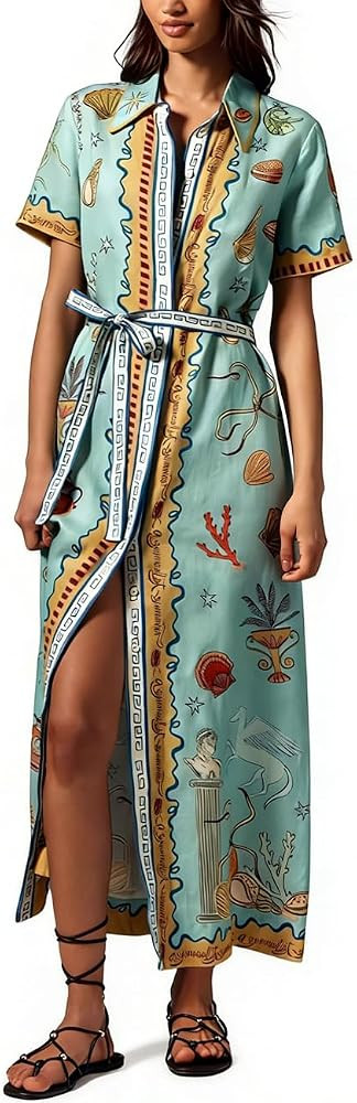 Femiserah Women's Summer Short Sleeve Floral Shirt Dress Bohemian Beach Maxi Long Belted Casual B... | Amazon (US)