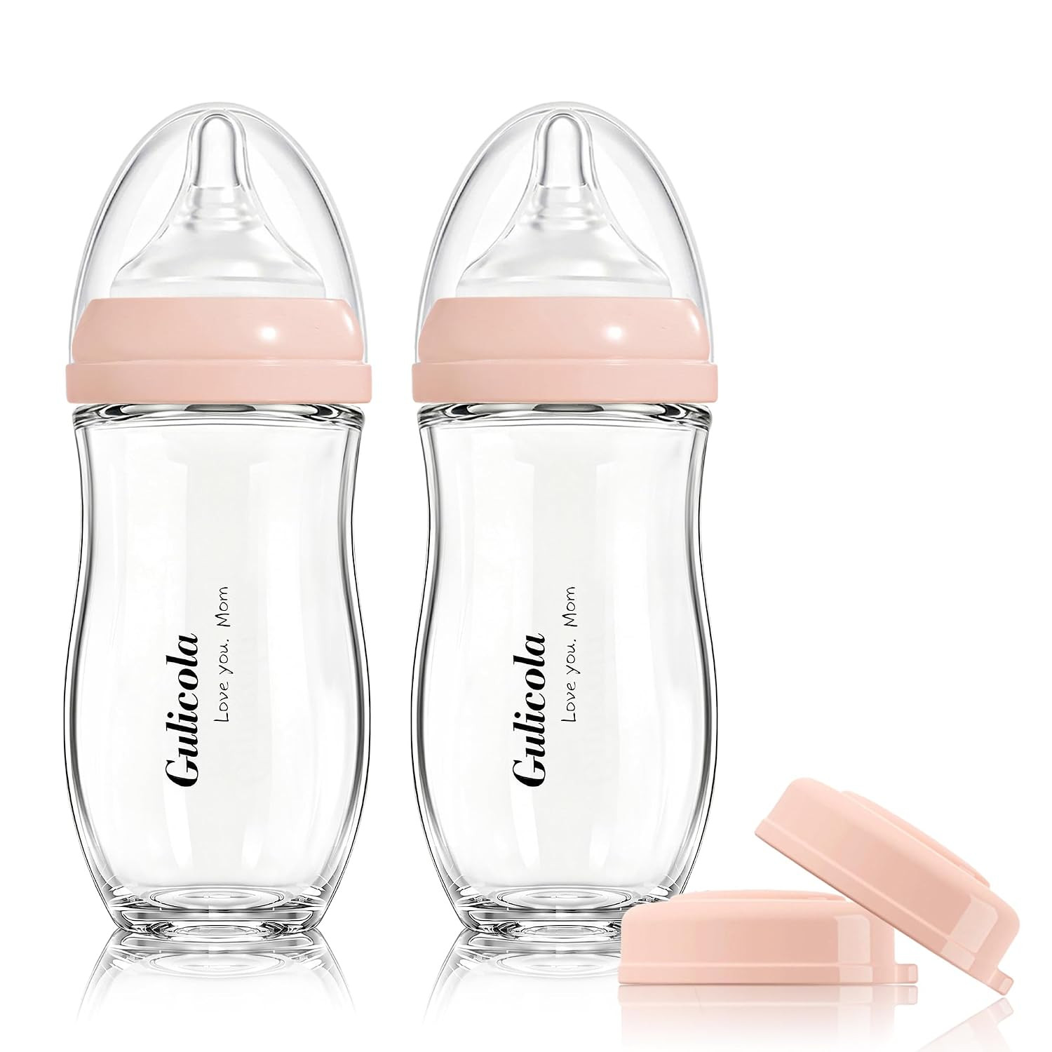 Gulicola Natural Glass Baby Bottle for Breastfed Babies, Anti-Colic Baby Bottle Set with Medium Flow Nipple, 3 Months +, 8 oz, 2 Pack - Pink | Amazon (US)