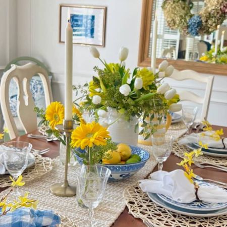 A fresh blue and yellow spring color scheme is perfect for spring meals and entertaining. Set a pretty table with blue and white linens, a jute runner, blue and white dishes, and blue and white bowl full of lemons and limes.

#LTKstyletip #LTKhome #LTKSeasonal