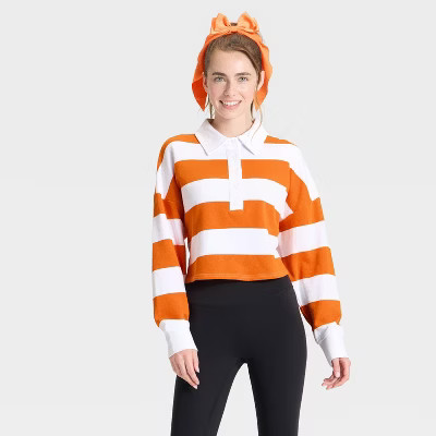 Women's Game Day Striped Cropped Long Sleeve Polo T-Shirt - JoyLab™ Orange S | Target